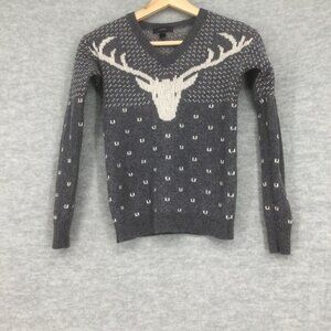 J Crew Wool Sweater 2XS XXS Grey Reindeer Holiday Fair Isle Knit V-Neck